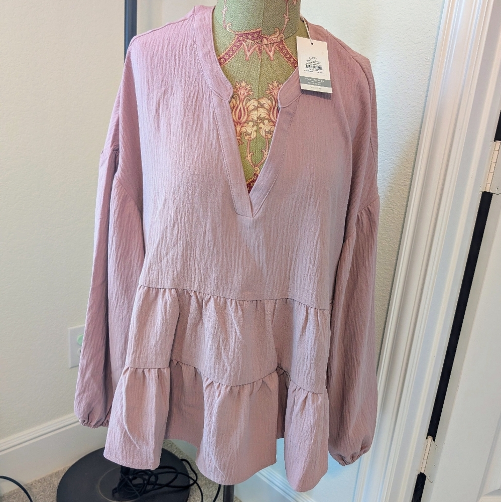 NEW Mud Pie Womens Orleans Pink Mauve Flounce Tiered Balloon Sleeves Top L Large